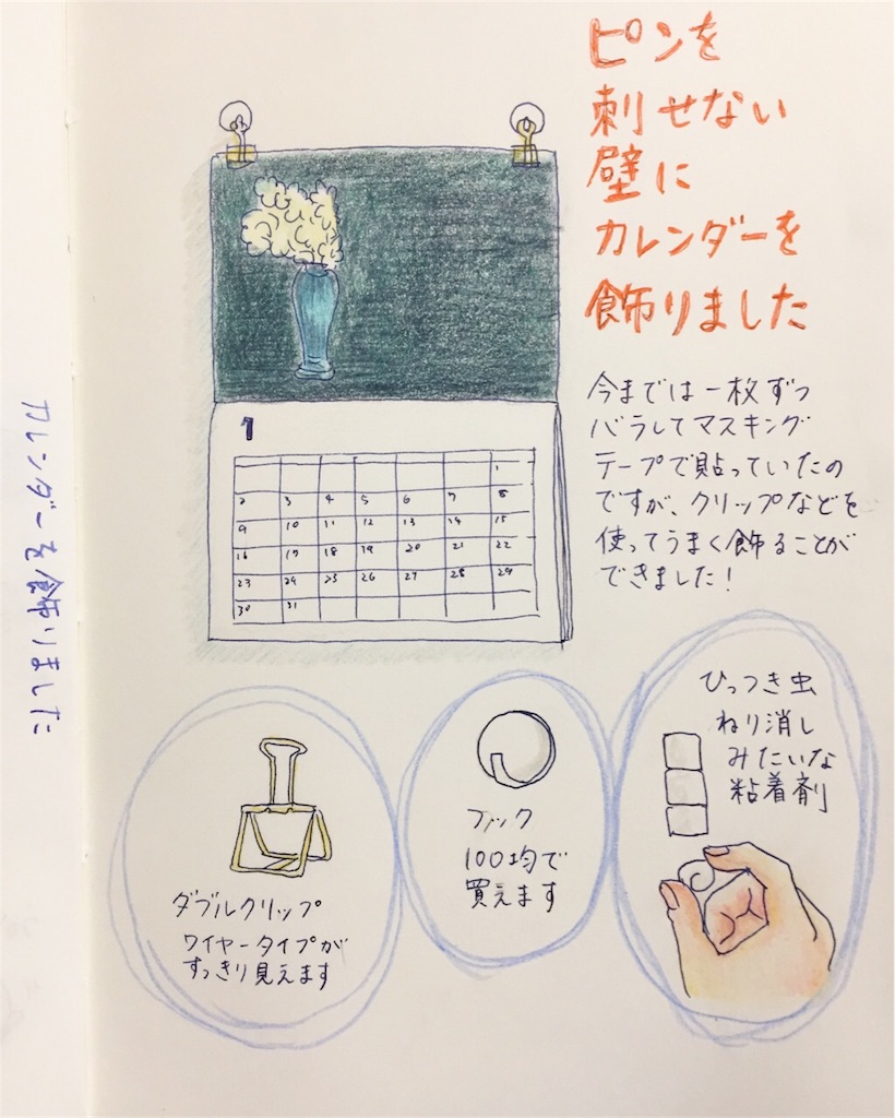 ピンを刺せない壁にカレンダーを飾る方法 白と色々